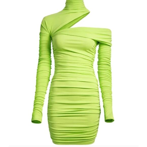 Mugler H&M One Shoulder Ruched Mini Dress Women’s M Neon Green NEW Runway Collab - Picture 4 of 16